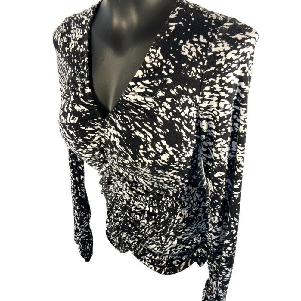 Elie Tahari - Women's S/M Blouse Black White Abstract Print Long Ruched Sleeves - Picture 7 of 16